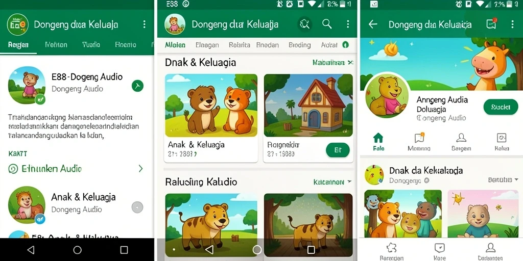 Tampilan antarmuka aplikasi E88 yang ramah pengguna untuk mendengarkan dongeng audio.